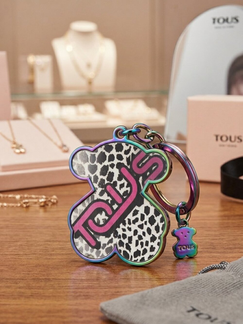 Authentic TOUS Bear Iridescent Rainbow Keychain Bag Charm Leopard Logo